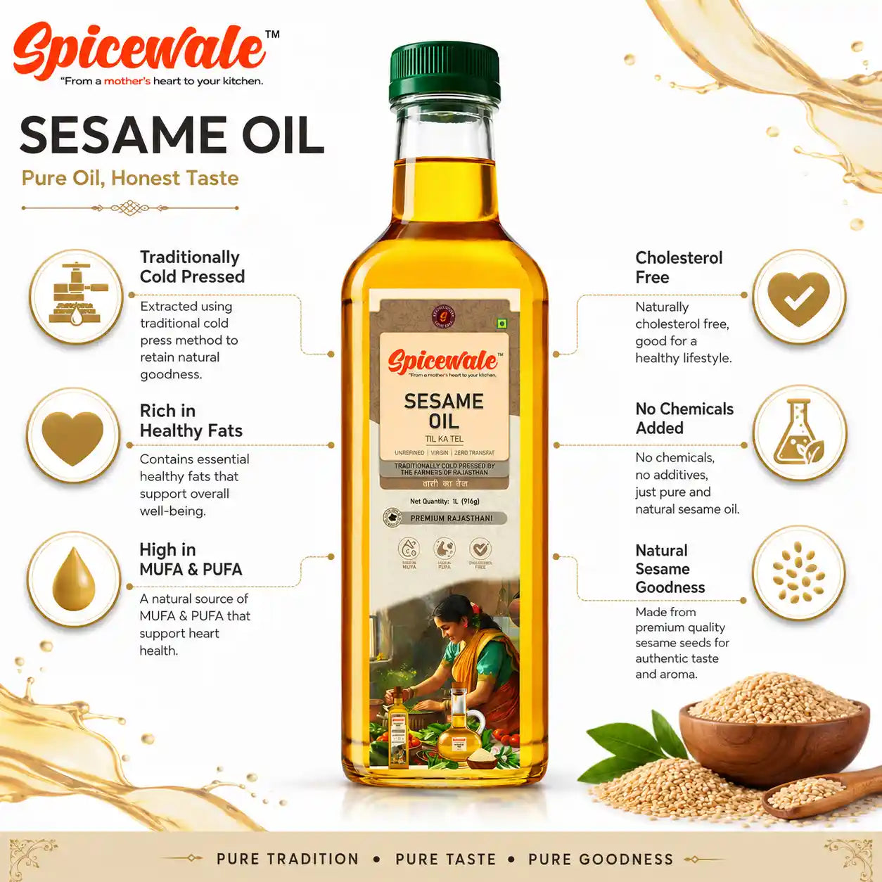 Cold Pressed Sesame Oil, Til Tel, 1 Litre