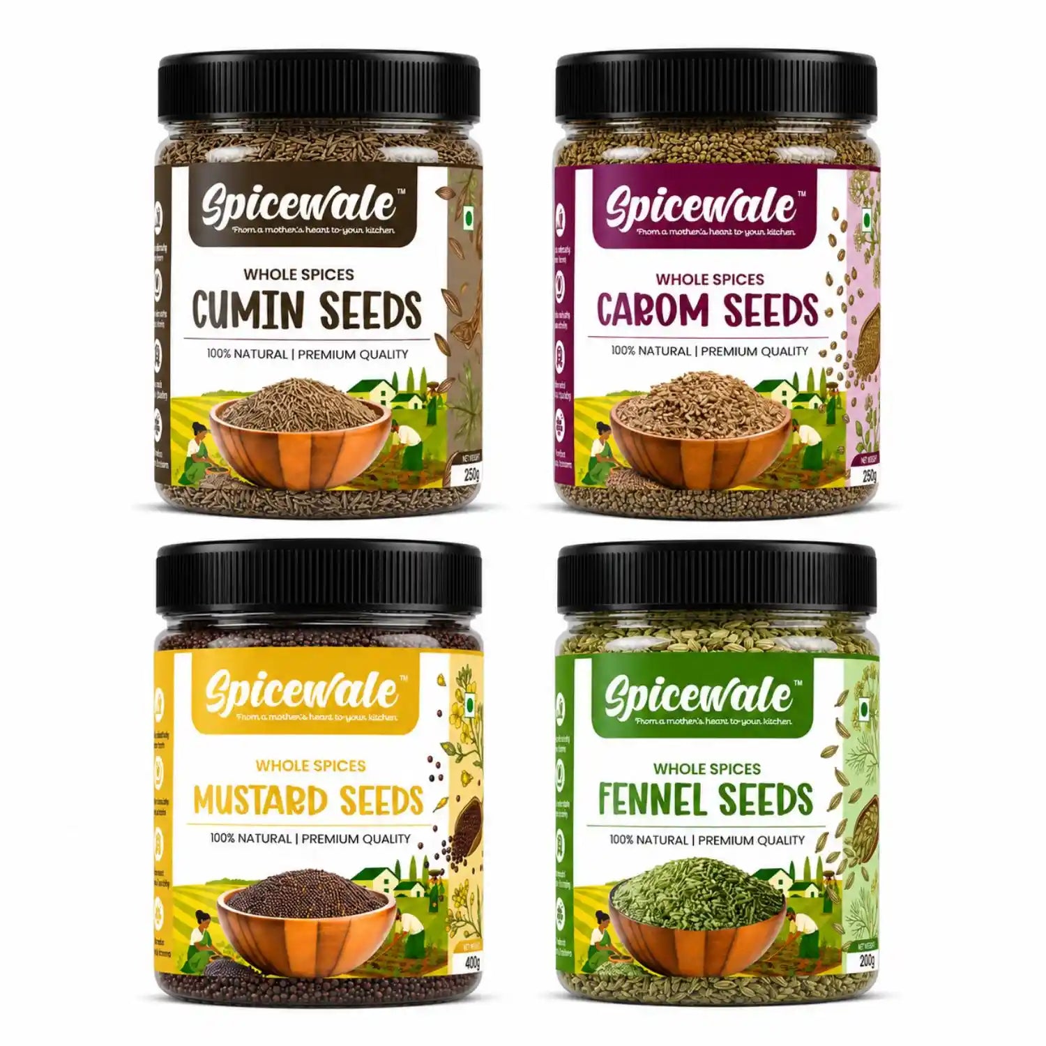 4-Jar Spice Combo, Jeera, Saunf, Ajwain and Rai