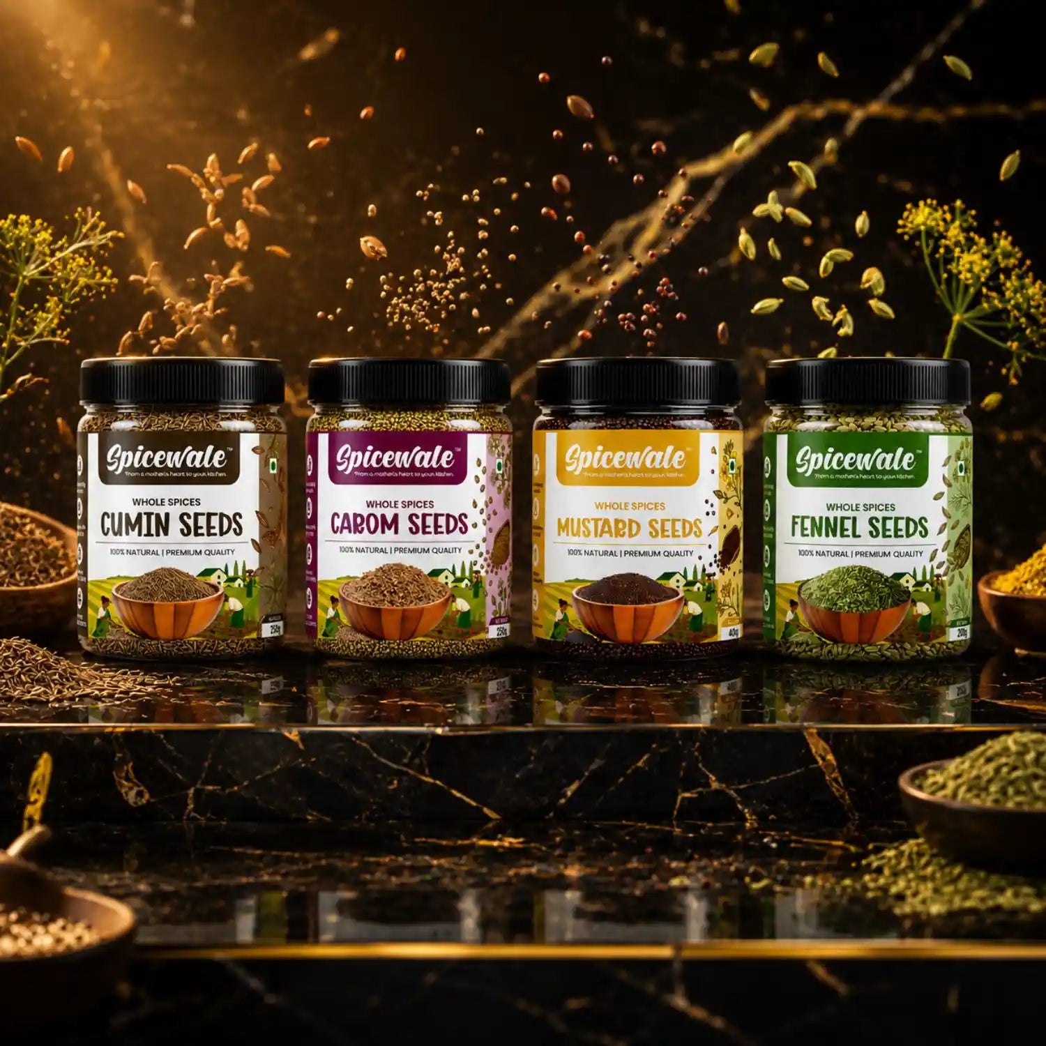 4-Jar Spice Combo, Jeera, Saunf, Ajwain and Rai
