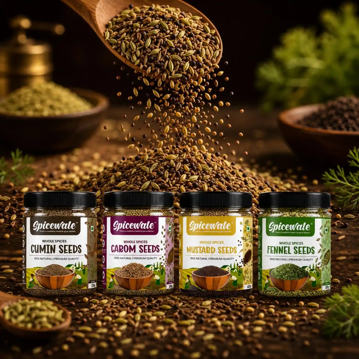 4-Jar Spice Combo, Jeera, Saunf, Ajwain and Rai