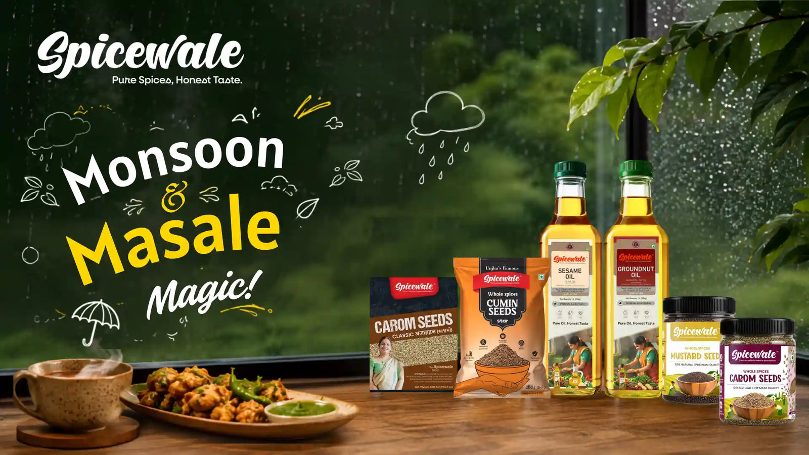 Spicewale Monsoon & Masale Magic promotional display featuring multiple spice products including carom seeds, masale, and oil bottles arranged on a wooden table with a prepared dish in the foreground, set against a dark green rainy window backdrop with hand-drawn weather illustrations.